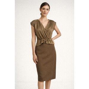 Max Mara Olive Brown Silk Cotton Peplum Dress Zipper Detail Italy IT 44 US 8